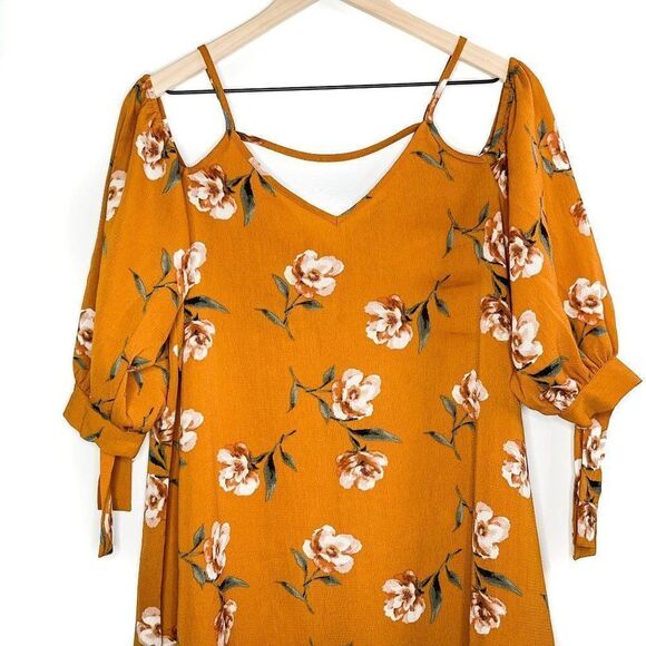 2/$30 Soprano Orange Cold Shoulder Floral Print Boho Tunic Mini Dress Small - Picture 4 of 11